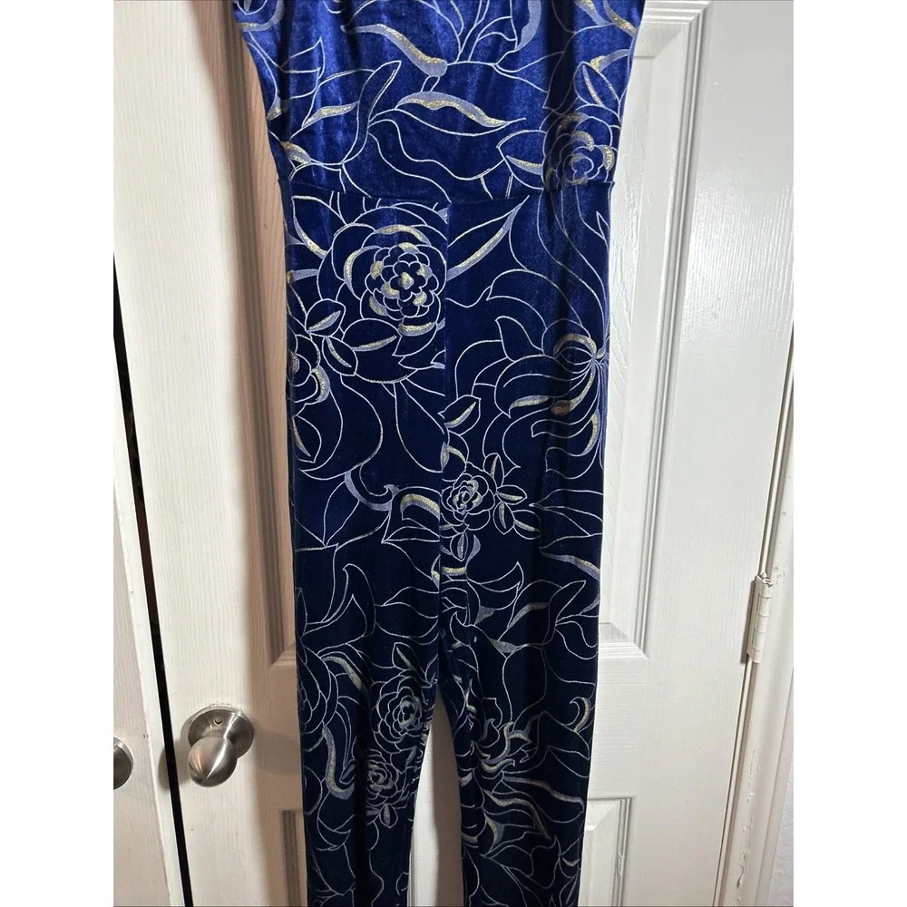 Uptown Blue‎ and Gold Sparkle Jumper Womens Size L Velour Velvet